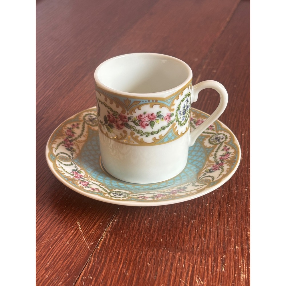 Andrea by Sadek Collection Sevres Demitasse Cup Saucer Set Blue Floral Gold Trim